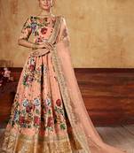 Peach Zari Dori And Sequins Embroidered Fine Art Silk Semi Stitched Bridal Lehenga
