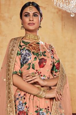 Peach Zari Dori And Sequins Embroidered Fine Art Silk Semi Stitched Bridal Lehenga 2