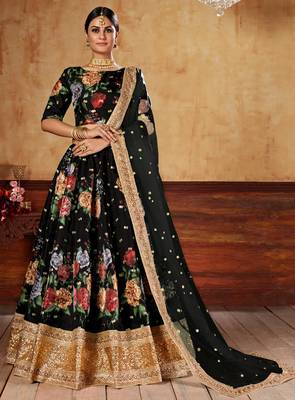 Black Zari Dori And Sequins Embroidered Fine Art Silk Semi Stitched Bridal Lehenga 1
