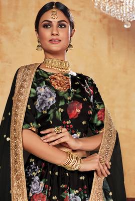 Black Zari Dori And Sequins Embroidered Fine Art Silk Semi Stitched Bridal Lehenga 2