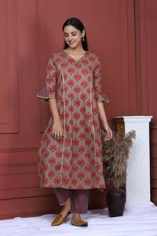 BROWN PRINTED KURTA AND BOTTOM