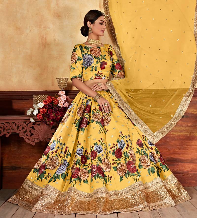 Yellow Zari Dori And Sequins Embroidered Fine Art Silk Semi Stitched Bridal Lehenga
