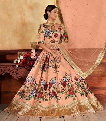 Peach Zari Dori And Sequins Embroidered Fine Art Silk Semi Stitched Bridal Lehenga 3