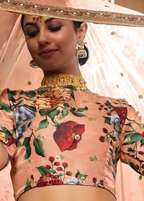 Peach Zari Dori And Sequins Embroidered Fine Art Silk Semi Stitched Bridal Lehenga 4