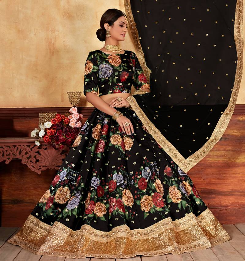 Black Zari Dori And Sequins Embroidered Fine Art Silk Semi Stitched Bridal Lehenga