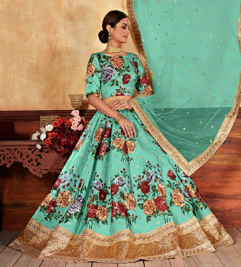 Green Zari Dori And Sequins Embroidered Fine Art Silk Semi Stitched Bridal Lehenga
