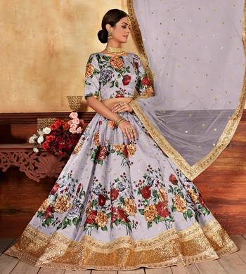 Grey Zari Dori And Sequins Embroidered Fine Art Silk Semi Stitched Bridal Lehenga 3