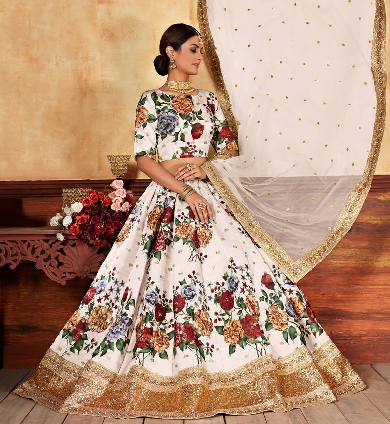 Off-White Zari Dori And Sequins Embroidered Fine Art Silk Semi Stitched Bridal Lehenga