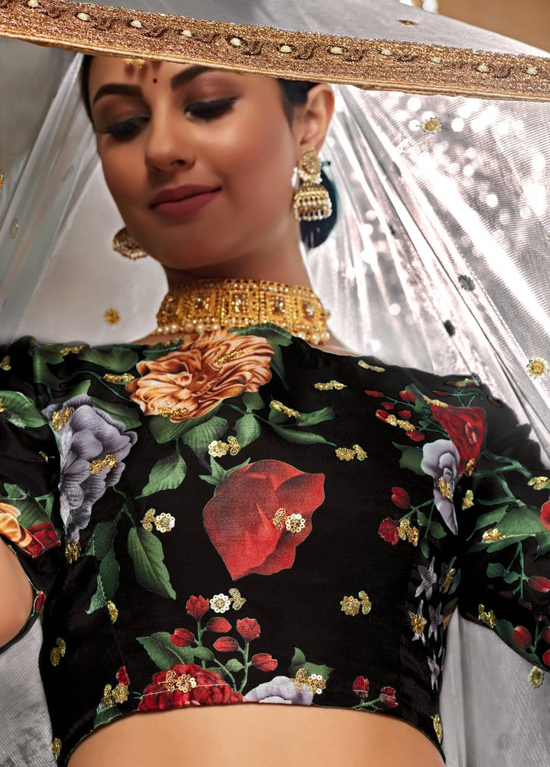 Black Zari Dori And Sequins Embroidered Fine Art Silk Semi Stitched Bridal Lehenga