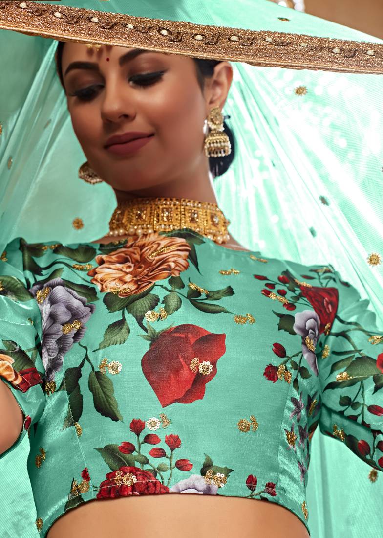 Green Zari Dori And Sequins Embroidered Fine Art Silk Semi Stitched Bridal Lehenga