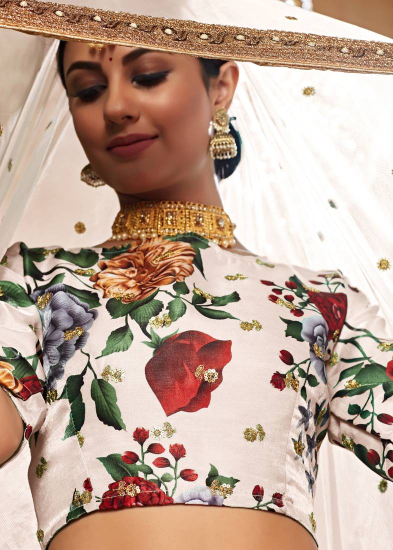 Off-White Zari Dori And Sequins Embroidered Fine Art Silk Semi Stitched Bridal Lehenga