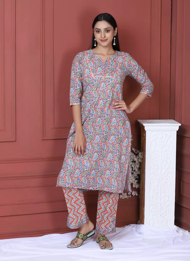 ORANGE PRINTED KURTA AND BOTTOM