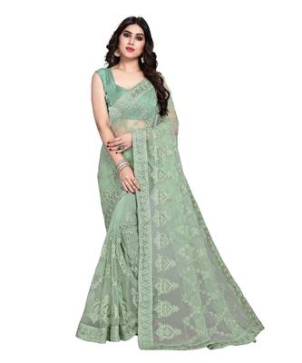 Sea Green Soft Net saree with blouse piece 1