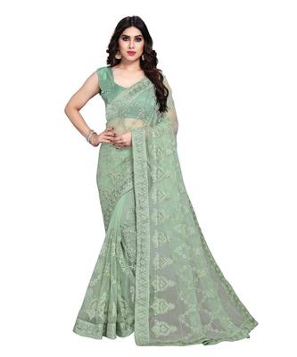 Sea Green Soft Net saree with blouse piece 3