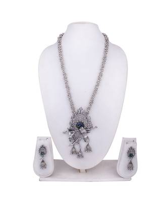Radha Krishna Silver Oxidized Long Necklace Set 1