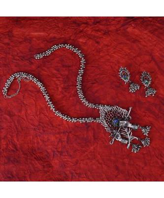 Radha Krishna Silver Oxidized Long Necklace Set 2