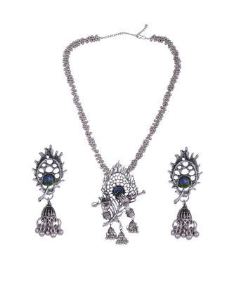 Radha Krishna Silver Oxidized Long Necklace Set 3
