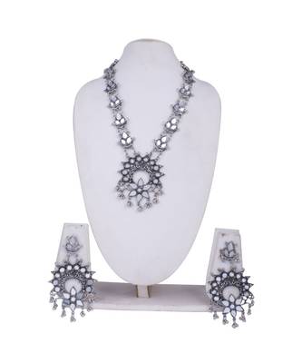 Mirror Design Silver Oxidized Long Necklace Set 2