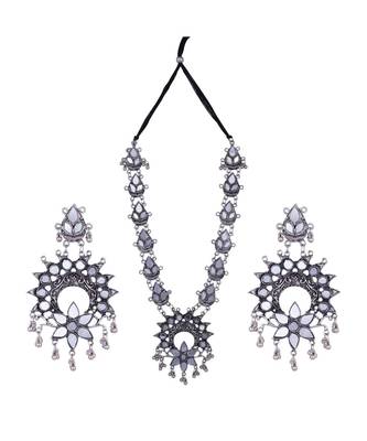 Mirror Design Silver Oxidized Long Necklace Set 3