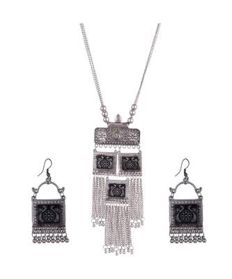 Silver Oxidized Long Pendant Necklace Set 2