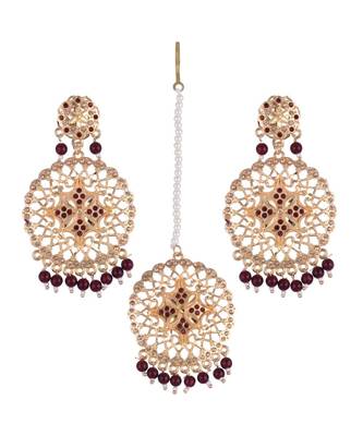 Bollywood Golden Mehroon Kundan Pearl Earring Maang Tikka Set 1