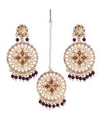 Bollywood Golden Mehroon Kundan Pearl Earring Maang Tikka Set