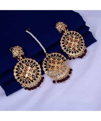 Bollywood Golden Mehroon Kundan Pearl Earring Maang Tikka Set 2