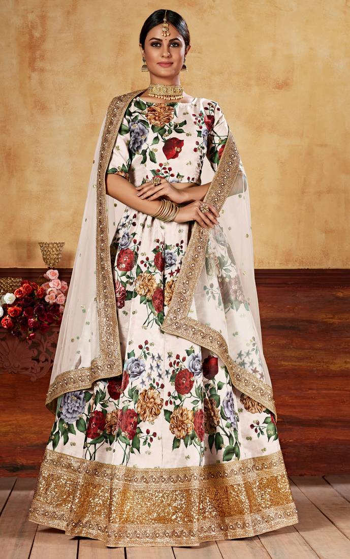 Off-White Zari Dori And Sequins Embroidered Fine Art Silk Semi Stitched Bridal Lehenga