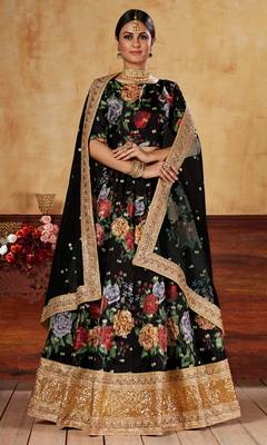 Black Zari Dori And Sequins Embroidered Fine Art Silk Semi Stitched Bridal Lehenga 5