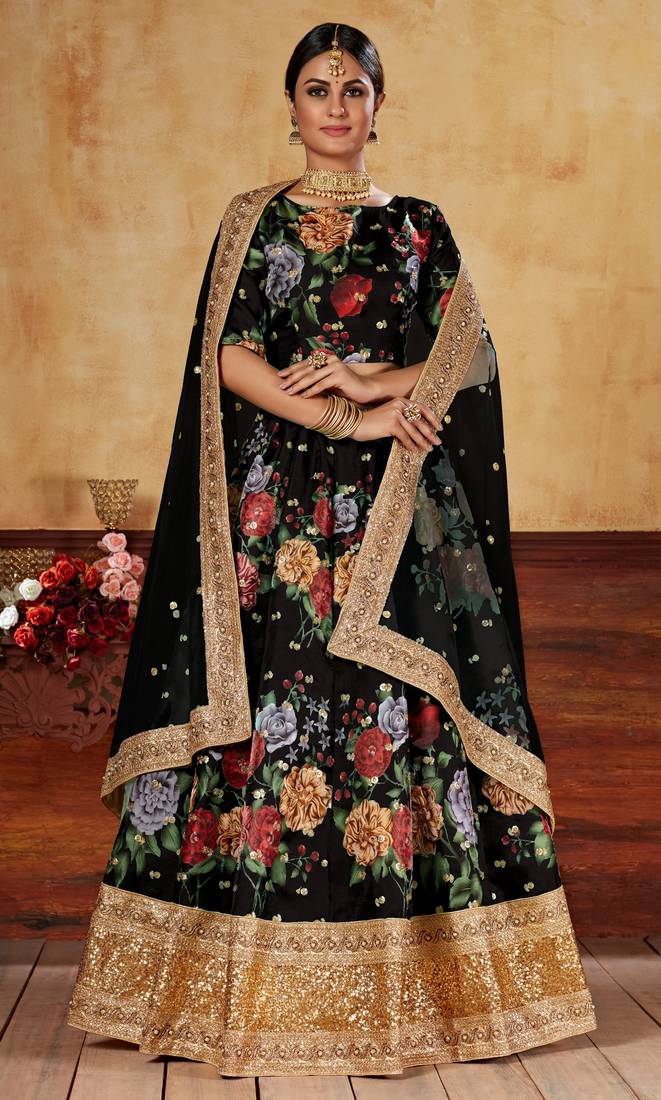 Black Zari Dori And Sequins Embroidered Fine Art Silk Semi Stitched Bridal Lehenga