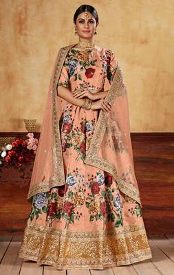 Peach Zari Dori And Sequins Embroidered Fine Art Silk Semi Stitched Bridal Lehenga 5