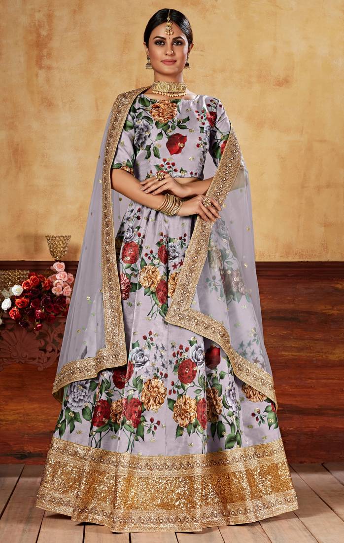 Grey Zari Dori And Sequins Embroidered Fine Art Silk Semi Stitched Bridal Lehenga