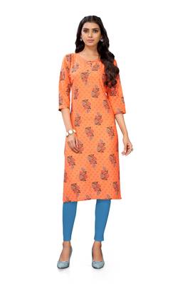 Orange printed cotton cotton-kurtis 1