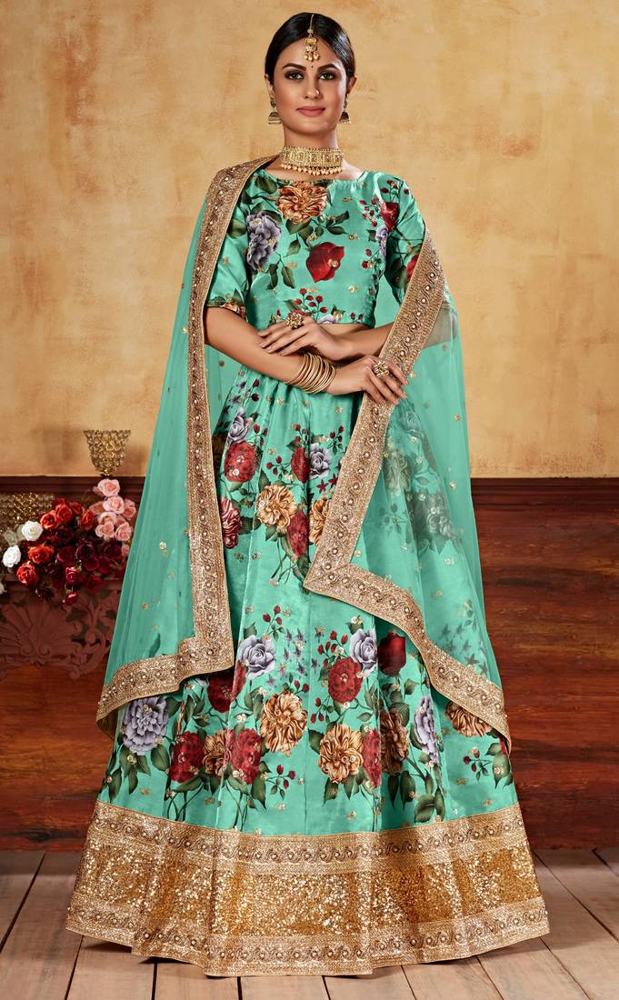 Green Zari Dori And Sequins Embroidered Fine Art Silk Semi Stitched Bridal Lehenga