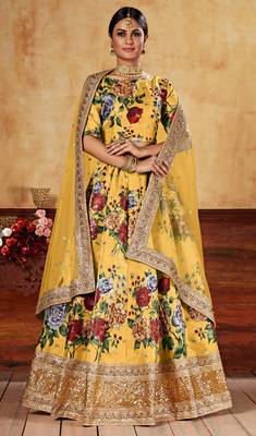 Yellow Zari Dori And Sequins Embroidered Fine Art Silk Semi Stitched Bridal Lehenga 5