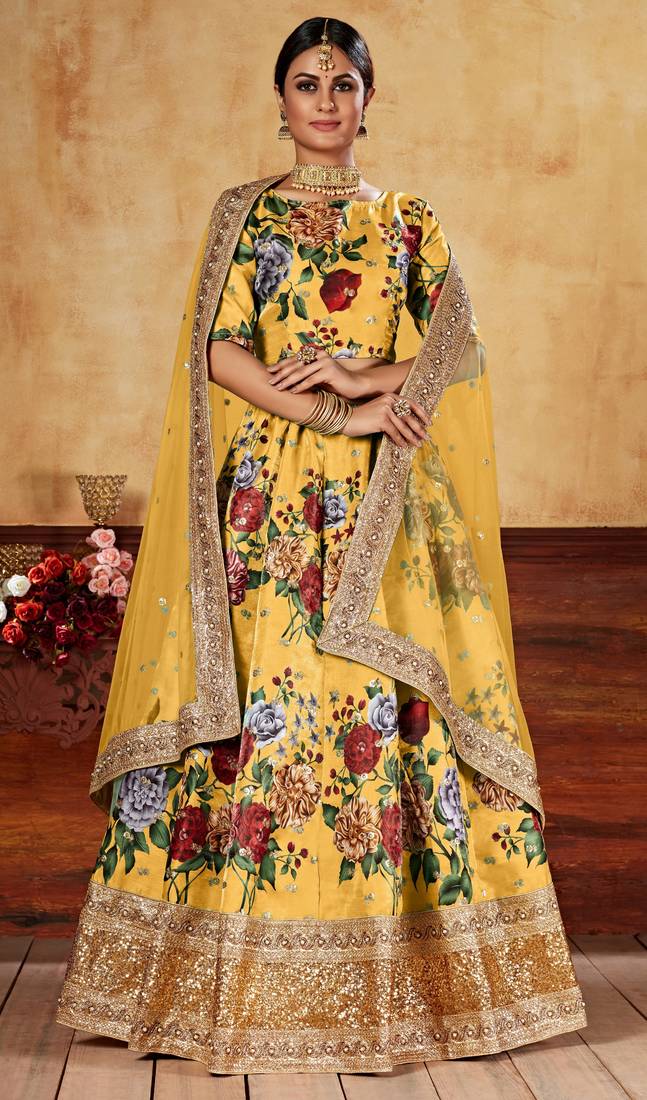 Yellow Zari Dori And Sequins Embroidered Fine Art Silk Semi Stitched Bridal Lehenga