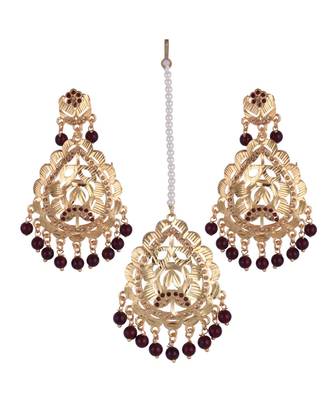 Bollywood Golden Mehroon Pearl Earring Maang Tikka Set 1