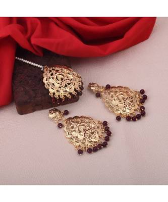 Bollywood Golden Mehroon Pearl Earring Maang Tikka Set 2