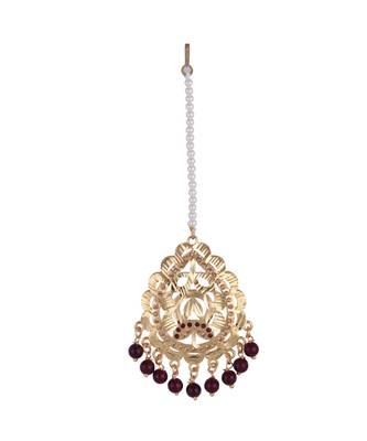 Bollywood Golden Mehroon Pearl Earring Maang Tikka Set 4