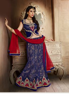 Blue embroidered net semi stitched lehenga 5