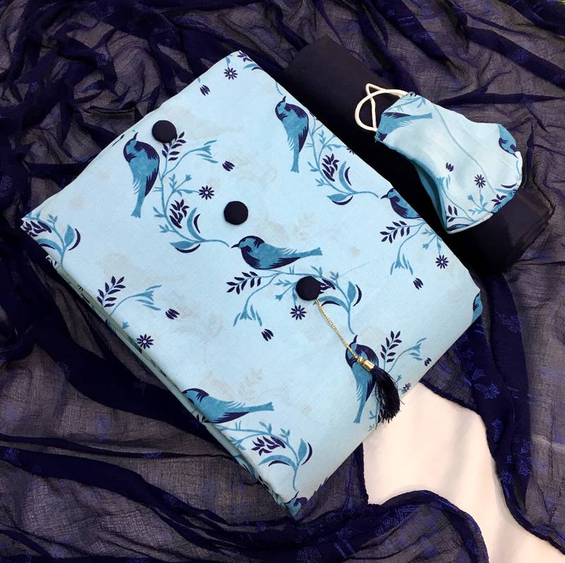VredeVogel Sky blue cotton slub printed with button unstiched  Dress Materials With Mask