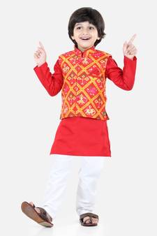 red Patan Patola Jacket Kurta Pajama 3 piece set