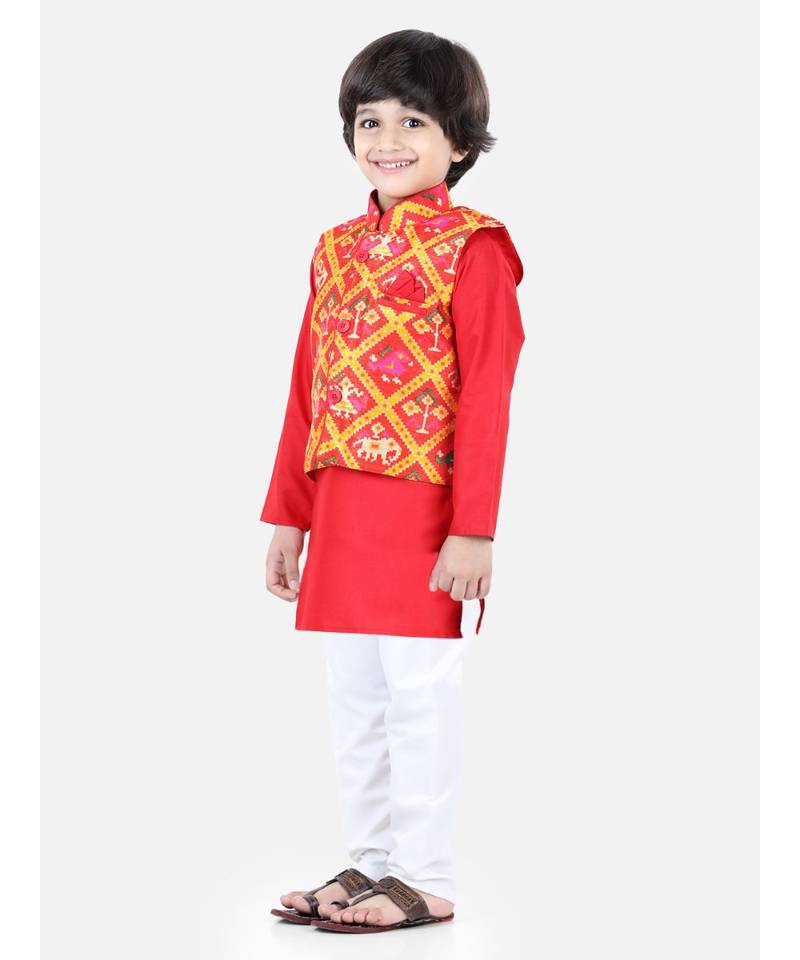 red Patan Patola Jacket Kurta Pajama 3 piece set
