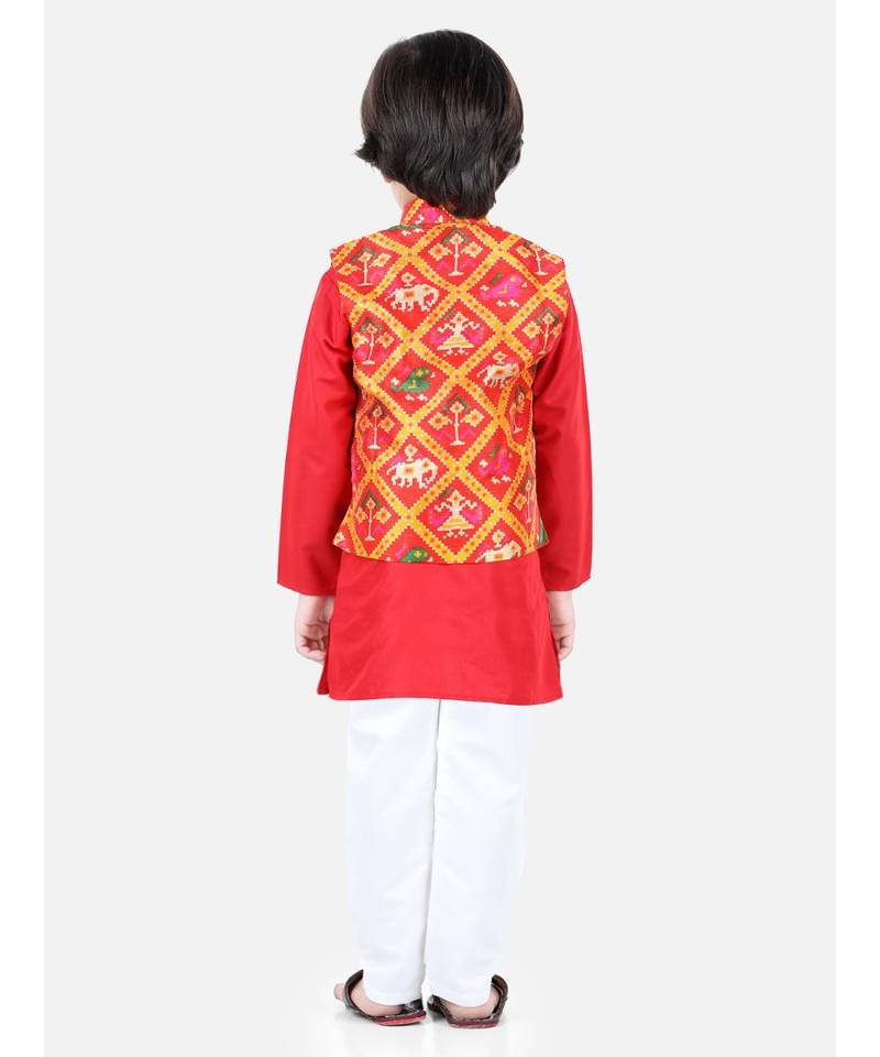 red Patan Patola Jacket Kurta Pajama 3 piece set
