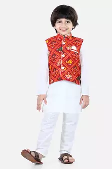 white Patan Patola Jacket Kurta Pajama 3 piece set