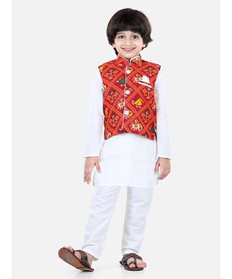 white Patan Patola Jacket Kurta Pajama 3 piece set
