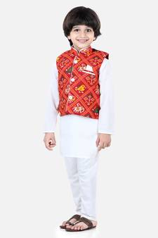 white Patan Patola Jacket Kurta Pajama 3 piece set