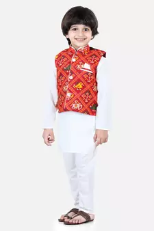 white Patan Patola Jacket Kurta Pajama 3 piece set
