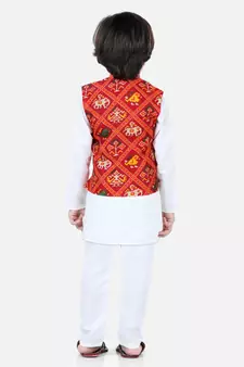 white Patan Patola Jacket Kurta Pajama 3 piece set
