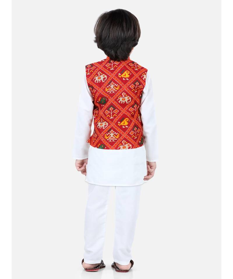 white Patan Patola Jacket Kurta Pajama 3 piece set